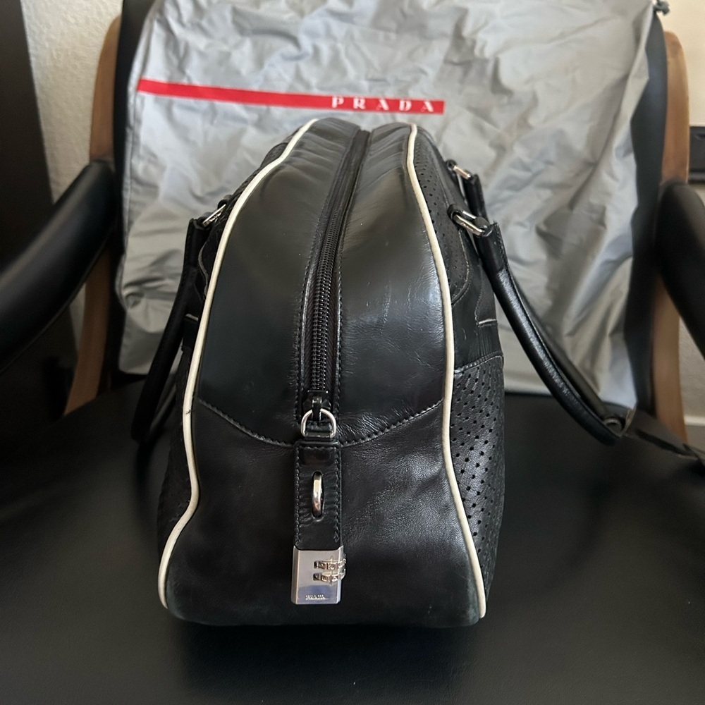 Rare vintage PRADA 'Vitello Drive' Black Leather Bowling Bag modeled by Gisele - Picture 6 of 16